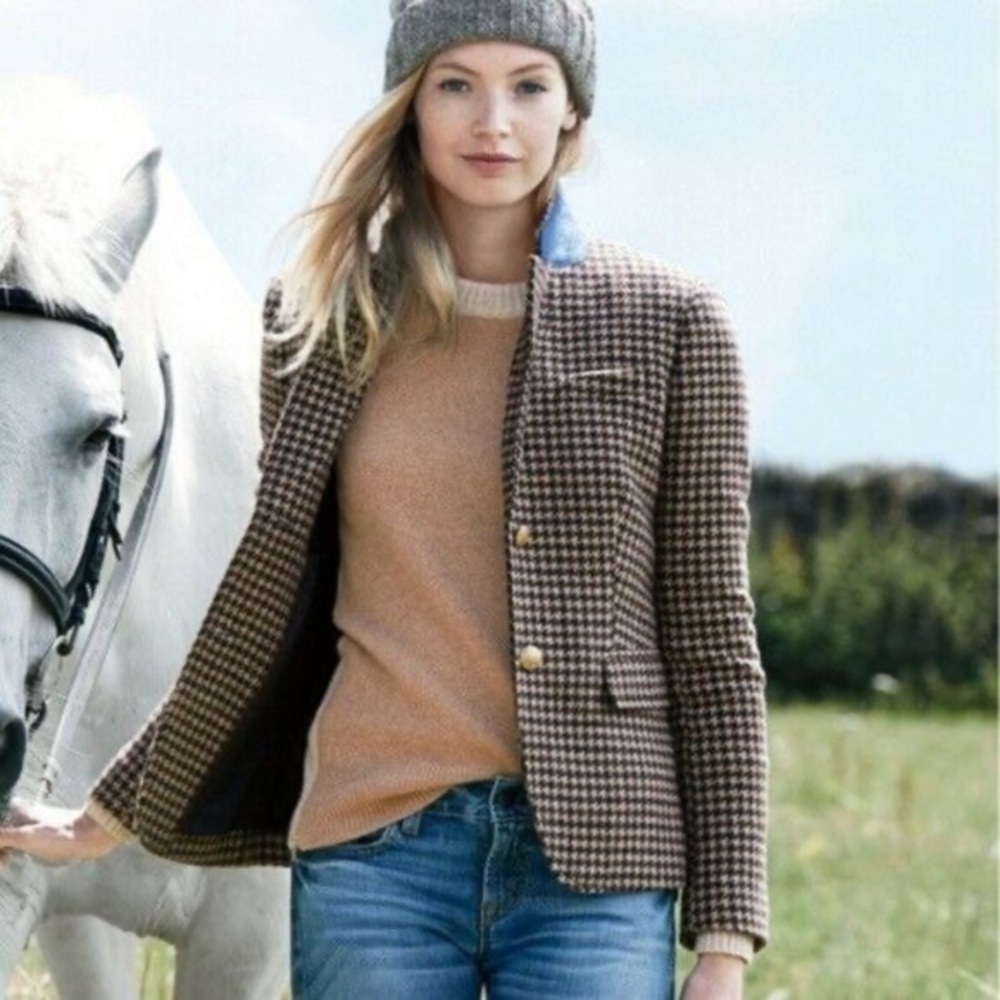 J. CREW Schoolboy Blazer Houndstooth Wool 10 tan Blue